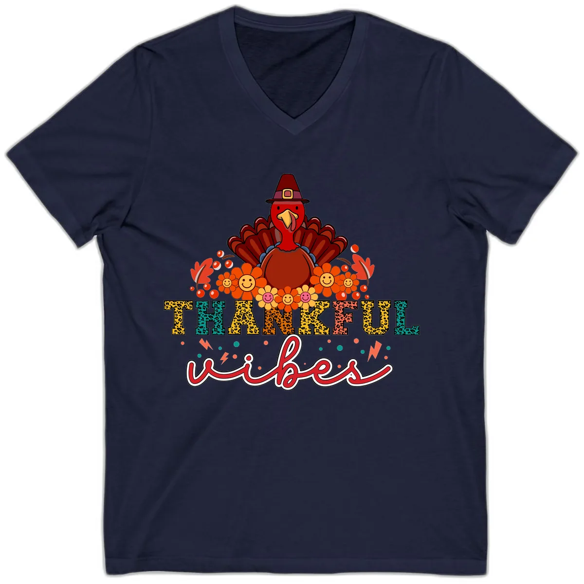 Turkey Vibes Thanksgiving Design V-Neck in Navy